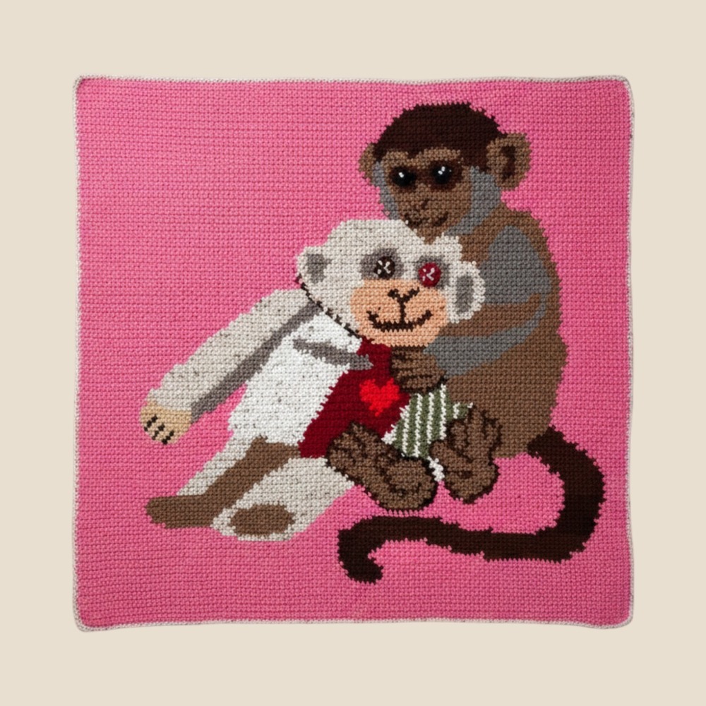 Handmade Crochet Monkey Blanket 40x40 Pink Sock Monkey Graphghan Throw- OOAK